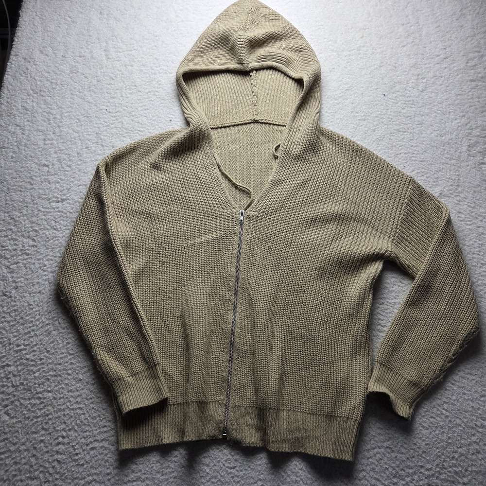 Cardigan Sweater Womens Medium Beige Hooded V Neck Full Zip Knit Casual